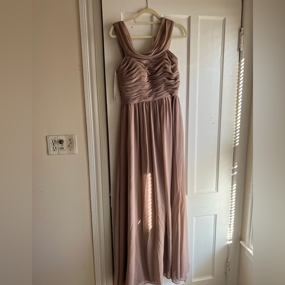 Azazie Off the Shoulder Taupe Dress - Picture 1 of 6